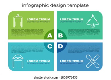 Set line Aviator hat with goggles, Metal detector in airport, Plane propeller and Jet fighter. Business infographic template. Vector