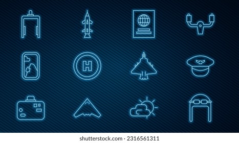 Set line Aviator hat with goggles, Pilot, Passport, Helicopter landing pad, Airplane window, Metal detector airport, Jet fighter and Rocket icon. Vector