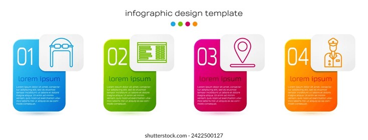 Ponga en línea el sombrero Aviador con gafas, la tabla del aeropuerto, la ubicación y el piloto. Plantilla de infografía empresarial. Vector