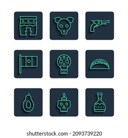 Set line Avocado, Burning candle on skull, Tequila bottle, Revolver gun, Mexican, Mexico flag, Huehuetl and Taco with tortilla icon. Vector