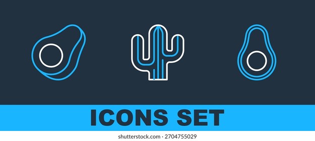 Set line Avocado fruit,  and Cactus icon. Vector