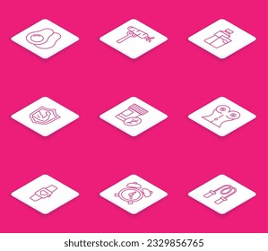 Set line Avocado fruit, Carrot on fork, Bottle of water with glass, Bodybuilder muscle, Vitamin pill, Women waist, Smart watch and Alarm clock icon. Vector