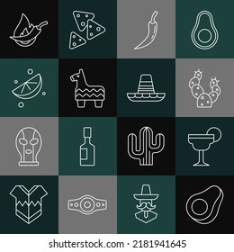 Set line Avocado fruit, Margarita cocktail, Cactus, Hot chili pepper pod, Pinata, Sliced lime,  and Mexican sombrero icon. Vector