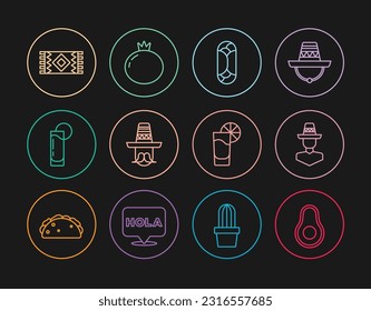 Set line Avocado fruit, Mexican man sombrero, Burrito, Tequila glass with lemon, carpet,  and Tomato icon. Vector