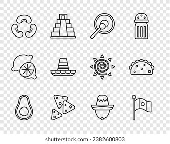 Set line Avocado fruit, Mexico flag, Gong, Nachos, Beans, Mexican sombrero,  and Taco with tortilla icon. Vector