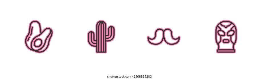 Set line Fruta de aguacate, bigote, cactus y luchador mexicano icono. Vector