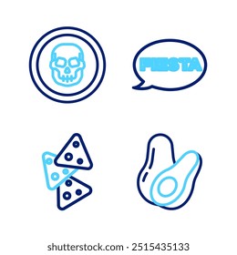 Set line Avocado fruit, Nachos, Fiesta and Mexican skull coin icon. Vector