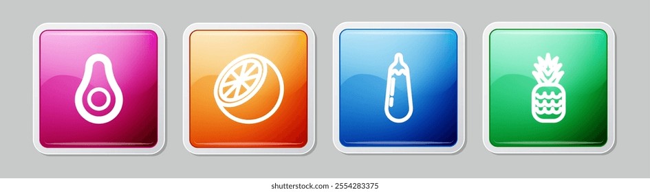 Set line Avocado fruit, Orange, Eggplant and Pineapple. Colorful square button. Vector