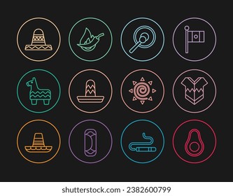 Fijar la línea de la fruta aguacate, Poncho, Gong, sombrero mexicano, pinata, sol y un ícono de la vaina de pimienta caliente. Vector