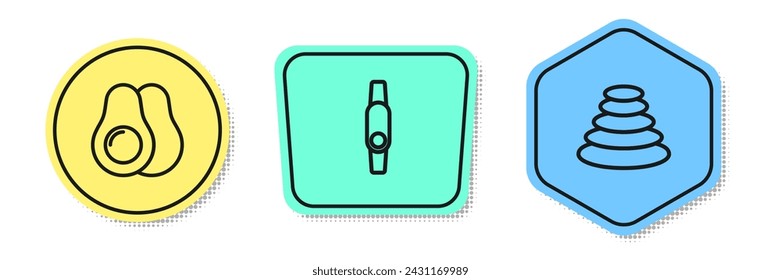 Fije la línea de frutas de aguacate, reloj inteligente y apilar piedras calientes. Formas coloreadas. Vector