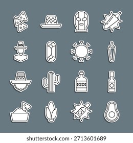 Set line Fruta de aguacate, salsa Tabasco, vaina de chile picante, luchador mexicano, Burrito, hombre sombrero, Nachos y Sun icono. Vector