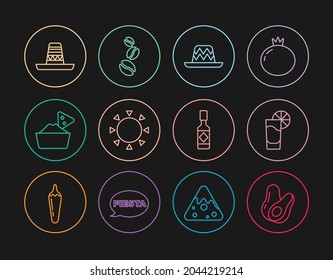 Set line Avocado fruit, Tequila glass with lemon, Mexican sombrero, Sun, Nachos in bowl, Tabasco sauce and Coffee beans icon. Vector
