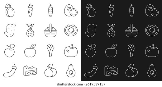 Set line Avocado, Pumpkin, Tomato, Cucumber, Pineapple, Potato, Plum fruit and Basket and food icon. Vector