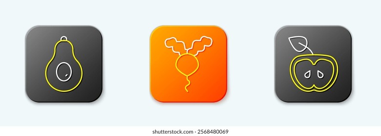 Set line Avocado, Radish and Apple icon. Vector