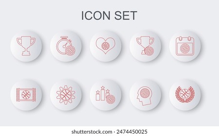 Set line Award with basketball ball, Basketball game video, Heart, Thoughts on, cup, Stopwatch, Planning strategy concept and Sports winner podium icon. Vector