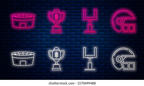 Set line Award cup and American football ball, American football goal post, Football stadium and American football helmet. Glowing neon icon on brick wall. Vector