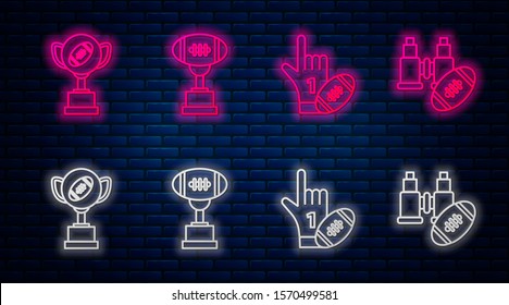 Set Line Award Cup And American Football Ball, Number 1 One Fan Hand Glove With Finger Raised, Award Cup And American Football Ball And Binoculars. Glowing Neon Icon On Brick Wall. Vector