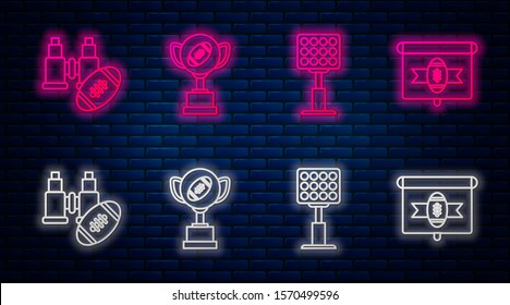 Set line Award cup and American football ball, Bright stadium lights, Binoculars and american football ball and American football on tv program. Glowing neon icon on brick wall. Vector