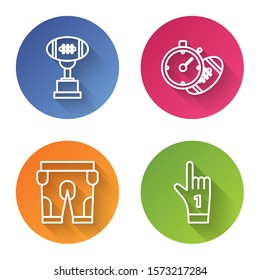 Set line Award cup and American football ball, American Football ball and stopwatch, American football shorts and Number 1 one fan hand glove with finger raised. Color circle button. Vector