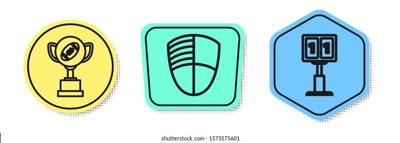 Set line Award cup and American football ball, Football club logo template and Sport football mechanical scoreboard and result display. Colored shapes. Vector