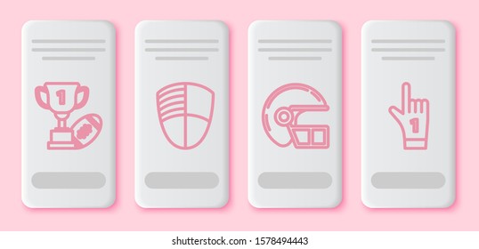 Set line Award cup and American football ball, Football club logo template, American football helmet and Number 1 one fan hand glove with finger raised. White rectangle button. Vector