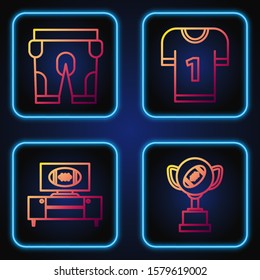 Set line Award cup and American football ball, American football on tv program and stand, American football shorts and American football jersey. Gradient color icons. Vector