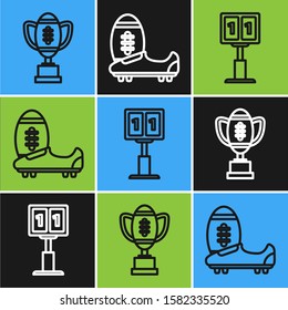 Set line Award cup and American football ball, Sport football mechanical scoreboard and result display and Soccer or football shoes with spikes icon. Vector