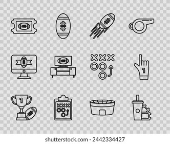 Set line Award cup and American football ball, Planning strategy concept, tv program stand, stadium and Number 1 one fan hand glove finger raised icon. Vector