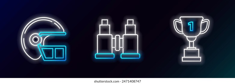 Set line Award cup, American football helmet and Binoculars icon. Glowing neon. Vector