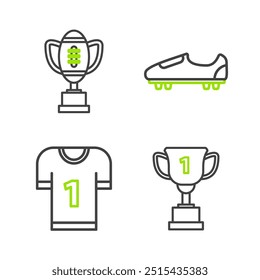 Set line Award cup, American football jersey, Soccer or shoes with spikes and and icon. Vector