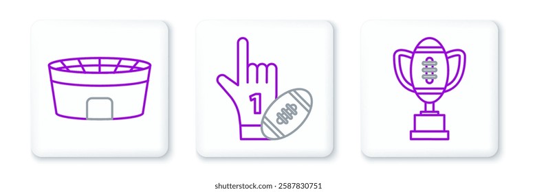 Set line Award cup and American football ball, Football stadium and Number 1 one fan hand glove with finger raised american icon. Vector