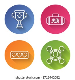 Set line Award cup, Ar, augmented reality, Like and heart and Share. Color circle button. Vector