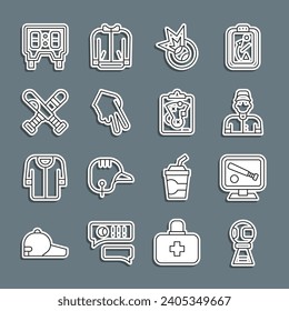 Fijar la línea de la copa de premio con pelota de béisbol, el juego Monitor, el jugador de béisbol, el guante, el murciélago cruzado, el marcador mecánico e icono de estrategia de planificación. Vector
