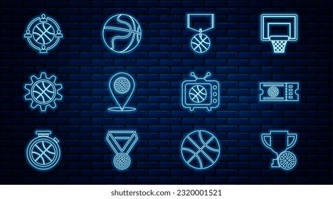 Set line Award cup with basketball ball, Basketball game ticket, medal, Location, Planning strategy concept, match tv and  icon. Vector