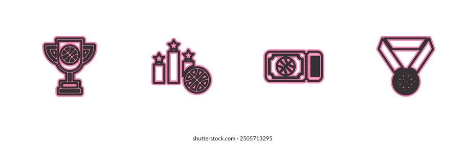 Set line Award cup with basketball ball, Basketball game ticket, Sports winner podium and medal icon. Vector