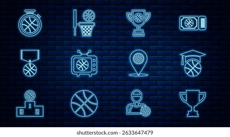 Set line Award cup, Basketball training, with basketball, match on tv, medal, Stopwatch, Location and and icon. Vector