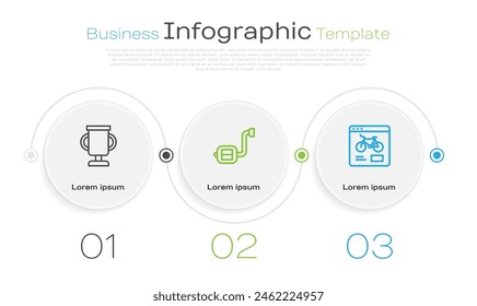Set line Award cup with bicycle, Bicycle pedal and rental mobile app. Business infographic template. Vector