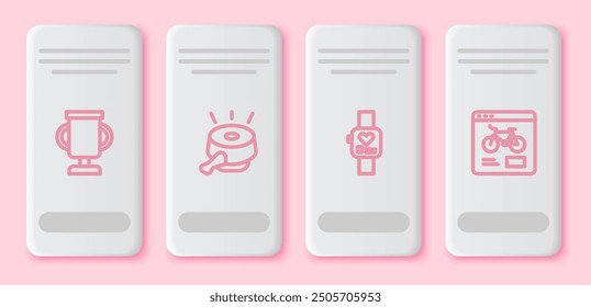 Set line Award cup with bicycle, Bicycle bell, Smart watch and rental mobile app. White rectangle button. Vector