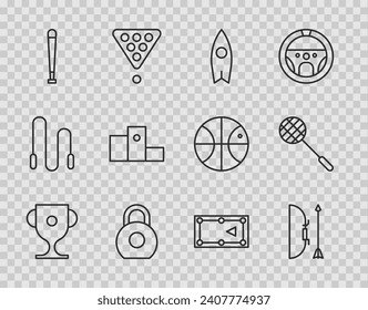 Set line Award cup, Bow and arrow in quiver, Surfboard, Kettlebell, Baseball bat, over sports winner podium, Billiard table and Tennis racket icon. Vector