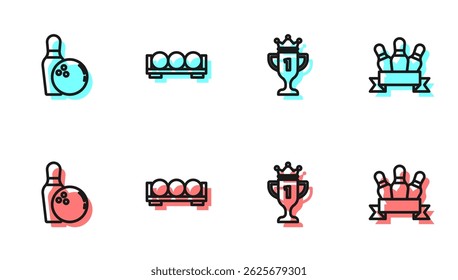 Set line Award cup, Bowling pin and ball, Billiard balls on stand and  icon. Vector