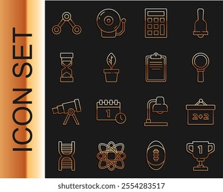 Set line Award cup, Chalkboard, Magnifying glass, Calculator, Plant pot, Old hourglass with sand, Molecule and Clipboard checklist icon. Vector