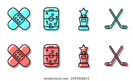 Set line Award cup, Crossed bandage plaster, Planning strategy and Ice hockey sticks icon. Vector