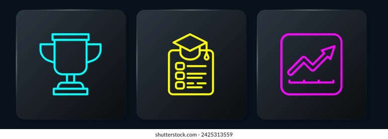 Set line Award cup, Financial growth increase and Online education. Black square button. Vector
