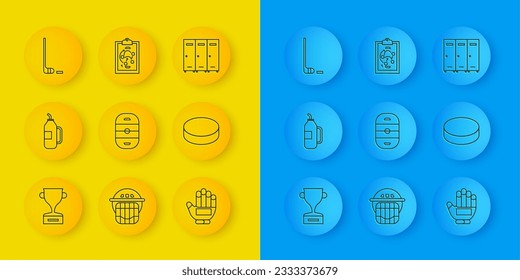 Set line Award cup, Fitness shaker, Ice hockey rink, Hockey glove, puck, stick and, Locker or changing room and Planning strategy icon. Vector