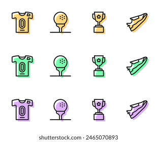 Set line Award cup, Football jersey and t-shirt, Golf on tee and Fitness sneakers shoes icon. Vector