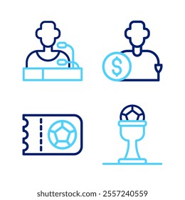 Set line Award cup and football ball, Football or soccer ticket, Buy player and press conference icon. Vector