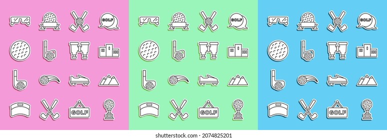 Fijar la copa de premio con el golf, las montañas, sobre el podio del ganador del deporte, la pelota del club cruzado, el golf, los anteojos y el icono de los Binoculares. Vector