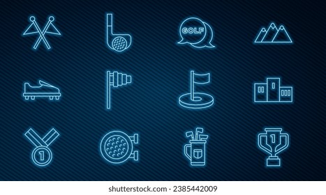 Set line Award cup with golf, over sports winner podium, Golf label, flag, shoe, hole and club ball icon. Vector