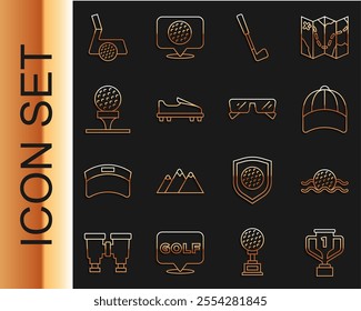 Set line Award cup with golf, Golf ball in water, Baseball cap, club, shoe, on tee,  and Glasses icon. Vector