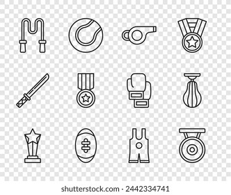 Set line Award cup, Gong, Whistle, American Football ball, Jump rope, Medal, Wrestling singlet and Punching bag icon. Vector